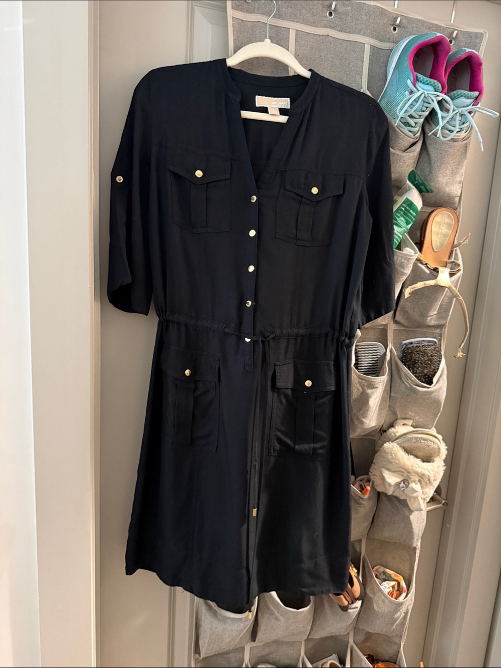 Michael Kors Black Button-Front Utility Midi Dress
